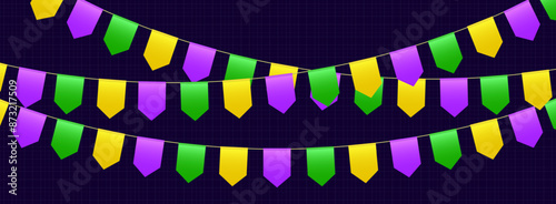 Bunting flags, carnival party flags, Mardi Gras festive pennants hanging on a rope. Festival vector decoration.