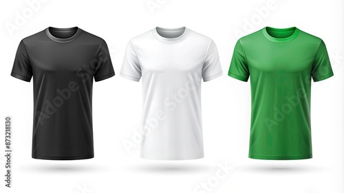 white, green and black t-shirts isolated on white background front view vector mock up