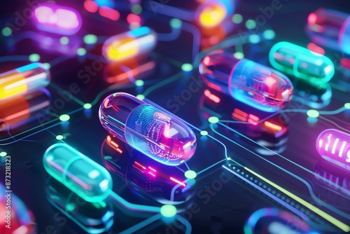 Colorful futuristic pills on a glowing circuit board. Concept of modern medicine, technology integration, and biotechnology advancements. photo