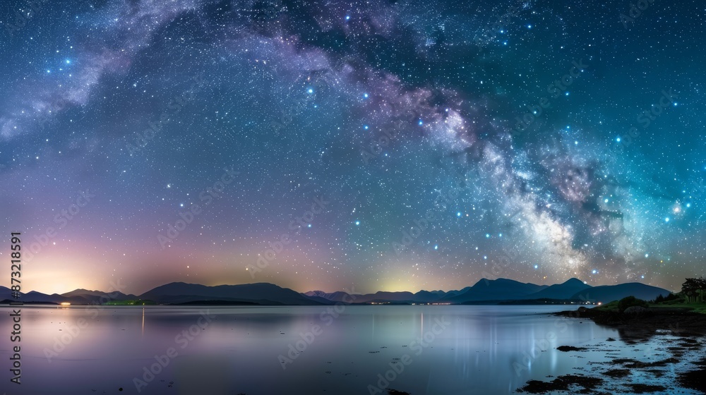 Stunning night sky filled with stars and the Milky Way over a serene landscape, captured with long exposure.