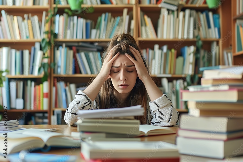Stressed student in a library surrounded by a large pile of books. Stressed student in a library surrounded by a large pile of books.