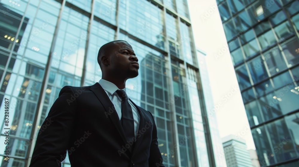 Focused black businessman approaching business partners in a high-rise office with large windows Focused black businessman approaching business partners in a high-rise office with large windows