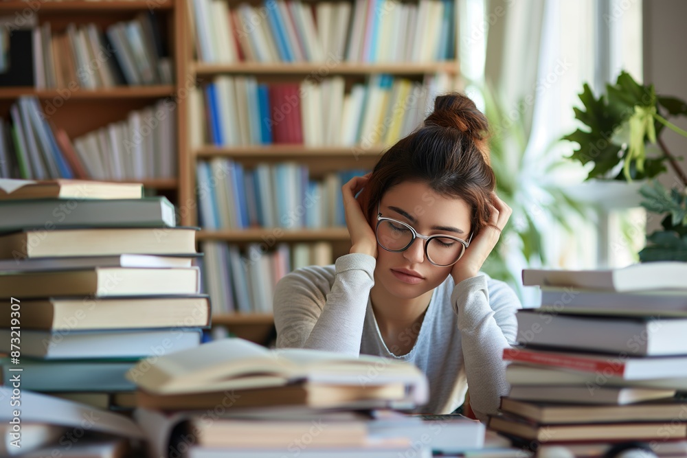 Tired student with glasses studying at a desk piled with books in a library. Tired student with glasses studying at a desk piled with books in a library.