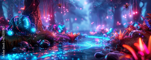 a fantastical forest with bioluminescent plants, futuristic robotic creatures, and a serene stream flowing through, creating a harmonious blend of nature and technology, with ample copy space for text