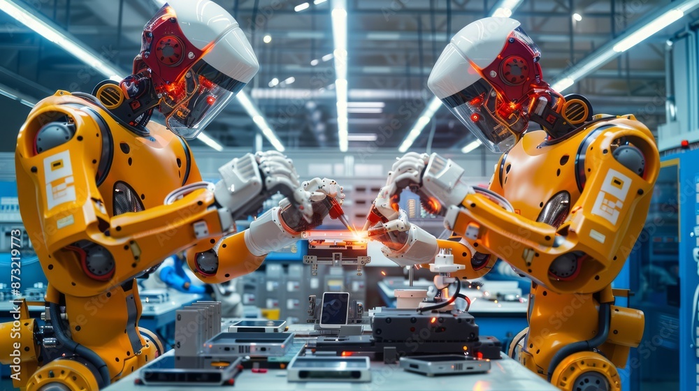 High-tech robotic arms assembling futuristic gadgets in a sleek manufacturing facility, with precision engineering and automated processes, offering clear copy space for text High-tech robotic arms assembling futuristic gadgets in a sleek manufacturing facility, with precision engineering and automated processes, offering clear copy space for text