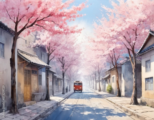 Cherry Blossom Trees in Full Bloom landscape anime style