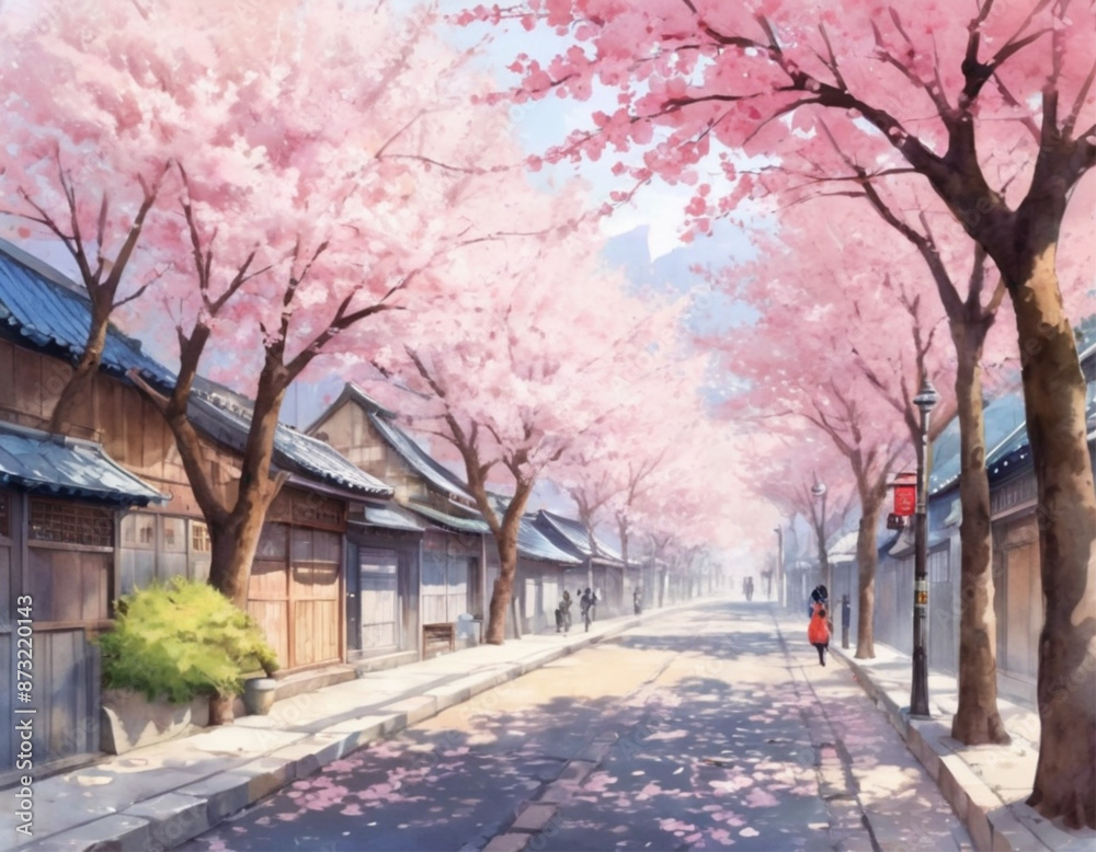 Cherry Blossom Streets landscape anime style Cherry Blossom Streets landscape anime style