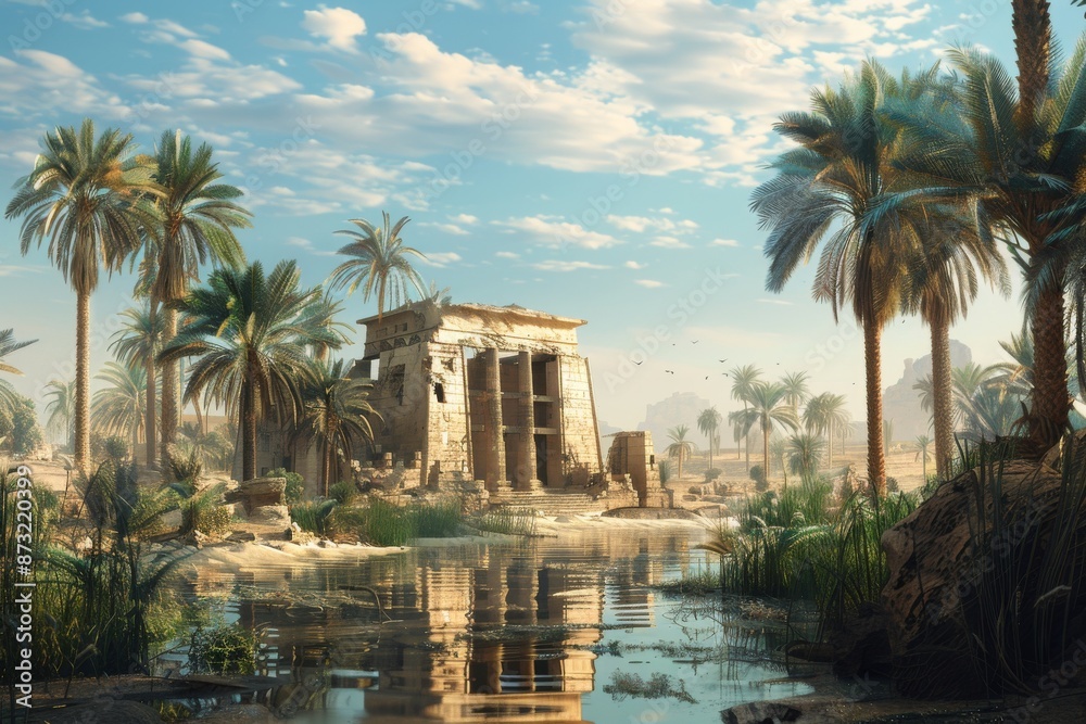 An ancient ruin stands tall amidst a tranquil oasis, surrounded by swaying palm trees that dance in the gentle breeze. The atmosphere is one of peaceful coexistence between nature and history. An ancient ruin stands tall amidst a tranquil oasis, surrounded by swaying palm trees that dance in the gentle breeze. The atmosphere is one of peaceful coexistence between nature and history.