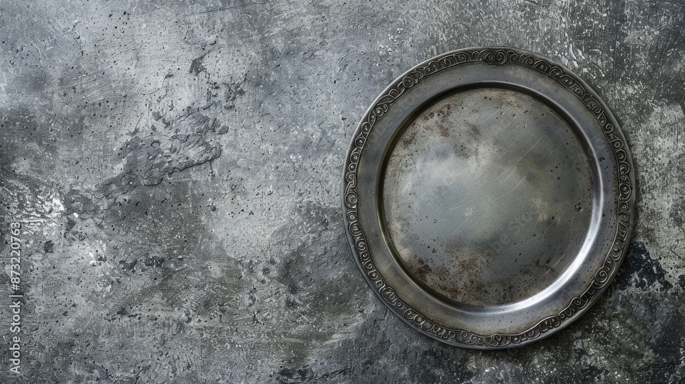 Antique pewter plate on concrete with text space Antique pewter plate on concrete with text space