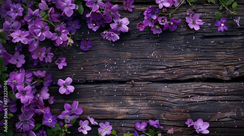 Floral purple blooms amid wood backdrop © TheWaterMeloonProjec