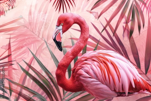 A stunning watercolor artwork featuring a pink flamingo surrounded by lush palm leaves, evoking a sense of tropical serenity. The seamless pattern creates a mesmerizing visual effect.