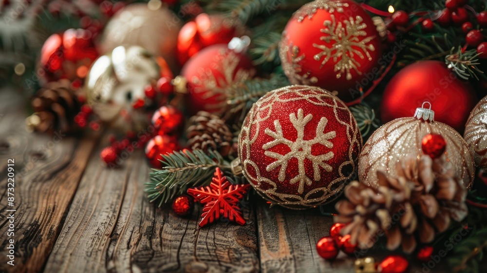Decorative Christmas Ornaments on Wooden Background Decorative Christmas Ornaments on Wooden Background