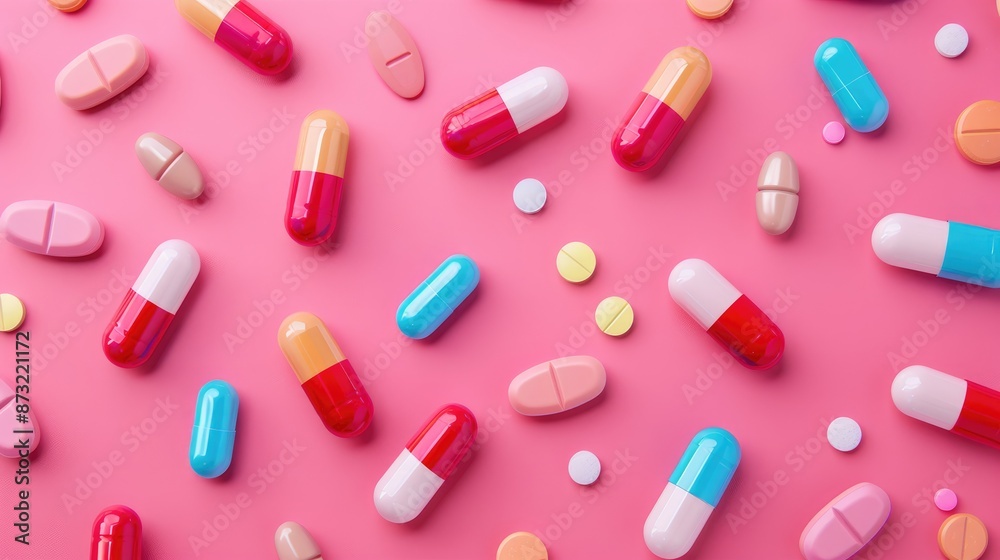 Medical capsules and tablets arranged creatively on pink background for medical blog social media Medical capsules and tablets arranged creatively on pink background for medical blog social media