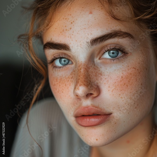 Intense Gaze of Blue-eyed Woman with Natural Freckles