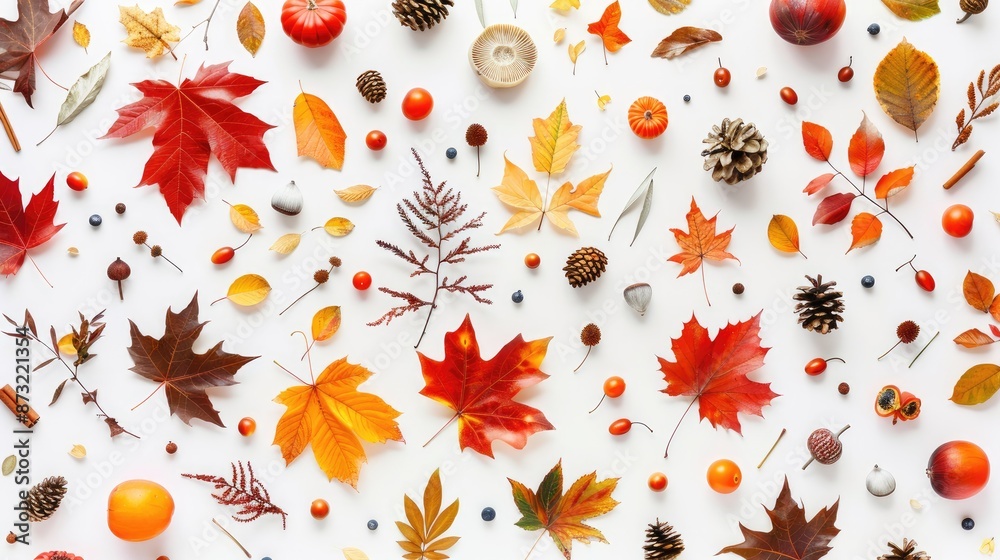 Obraz premium Autumn themed flat lay with seasonal elements on white background