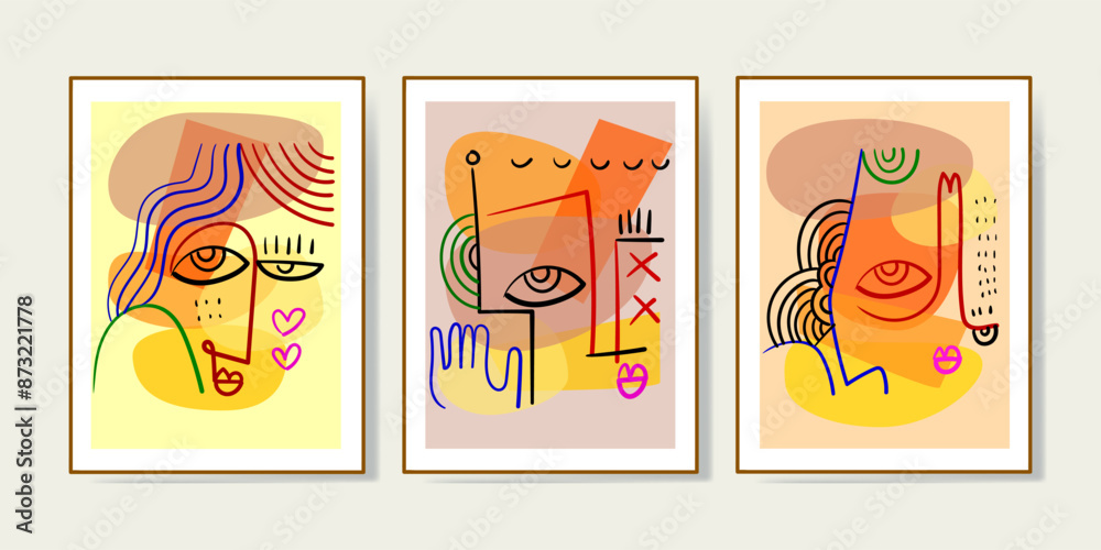 Set of abstract face portraits, shapes, doodle , decorative hand drawn vector illustration wall art. Cubism male and female portrait aesthetic design for poster, cover, decoration, Set of abstract face portraits, shapes, doodle , decorative hand drawn vector illustration wall art. Cubism male and female portrait aesthetic design for poster, cover, decoration,