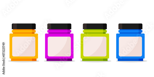 Artist paint jar different colors isolated on white background.
