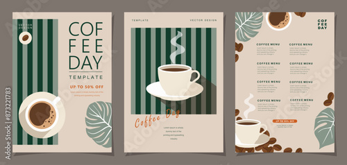 Set of sketch banners with coffee beans and leaves on minimal background for invitations, cards, banner, poster, cover, cafe menu or another template design. vector illustration.