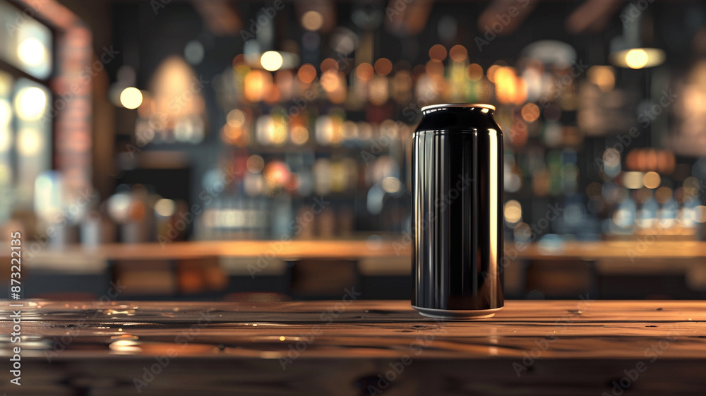 a blank black can on a wooden table in the bar a blank black can on a wooden table in the bar