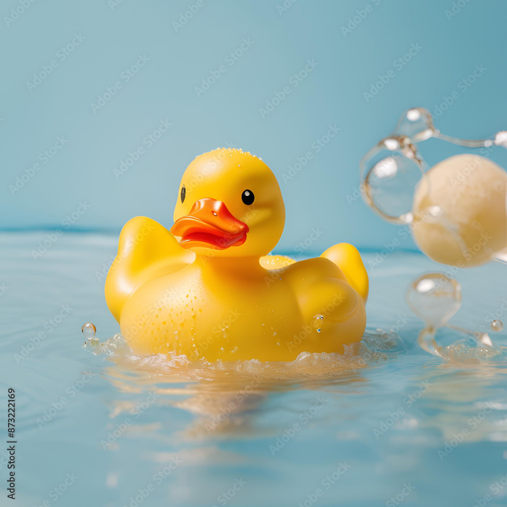 cute yellow rubber duck close-up swimming in water on a bright blue backdrop speckled with soap bubbles cute yellow rubber duck close-up swimming in water on a bright blue backdrop speckled with soap bubbles