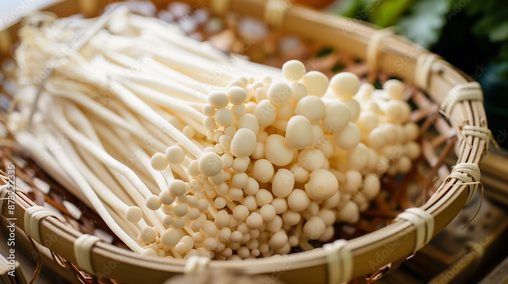 Bunch white beech mushrooms in bamboo basket, fiber fresh food fall
