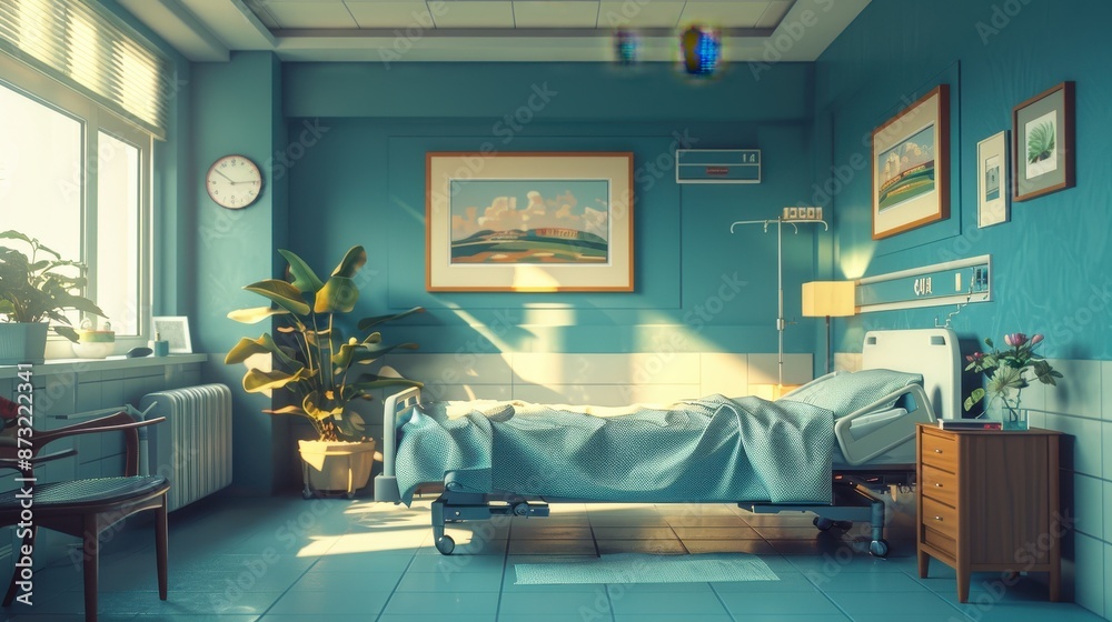 Room number 14 in a hospital, decorated with personal mementos, illustration background Room number 14 in a hospital, decorated with personal mementos, illustration background