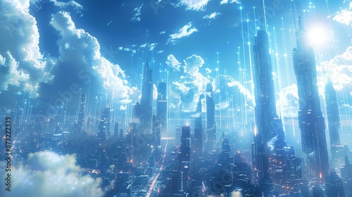 Futuristic city with skyscrapers blue sky, modern development infrastructure architecture