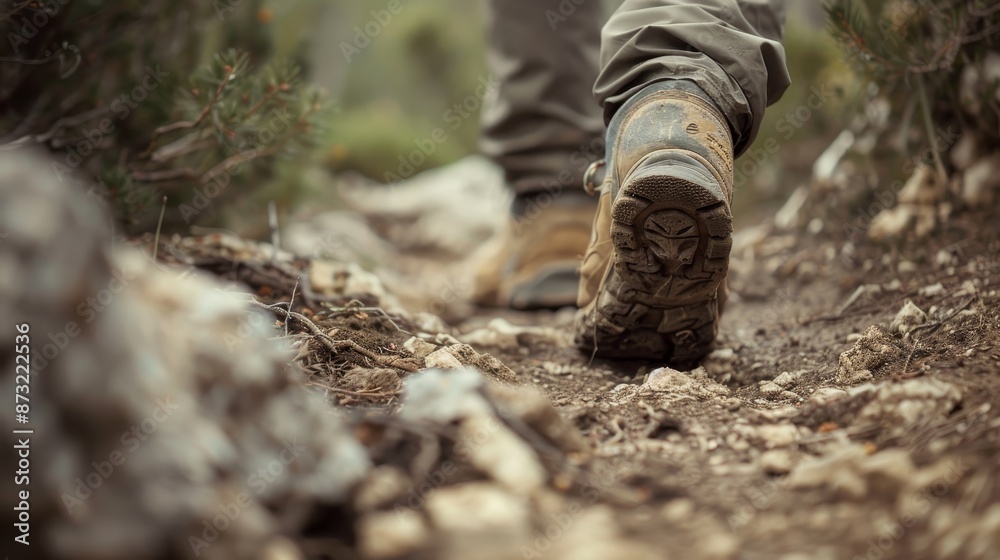 A person is walking on a rocky path with their feet in the dirt generated by AI A person is walking on a rocky path with their feet in the dirt generated by AI