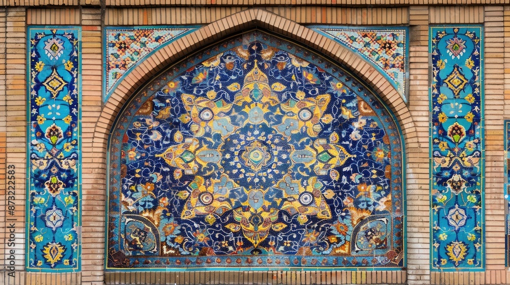 Traditional Persian mosaic backdrop with geometric ornament on tile frame for text placement Traditional Persian mosaic backdrop with geometric ornament on tile frame for text placement