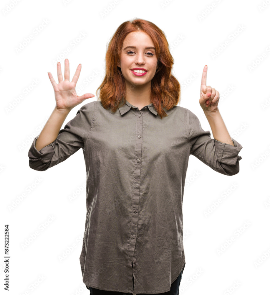 Young beautiful woman over isolated background showing and pointing up with fingers number six while smiling confident and happy.