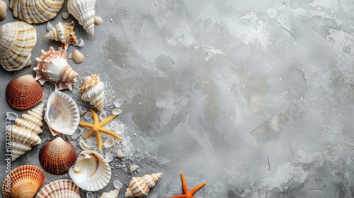 Sea shells on gray background Summer theme with shells flat lay and copy space