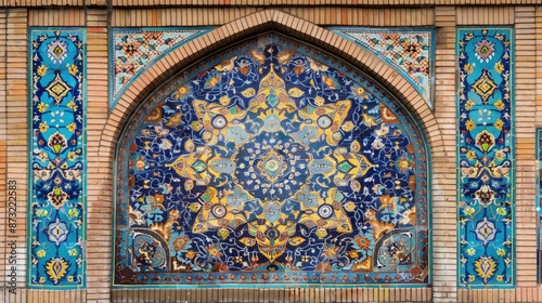 Traditional Persian mosaic backdrop with geometric ornament on tile frame for text placement
