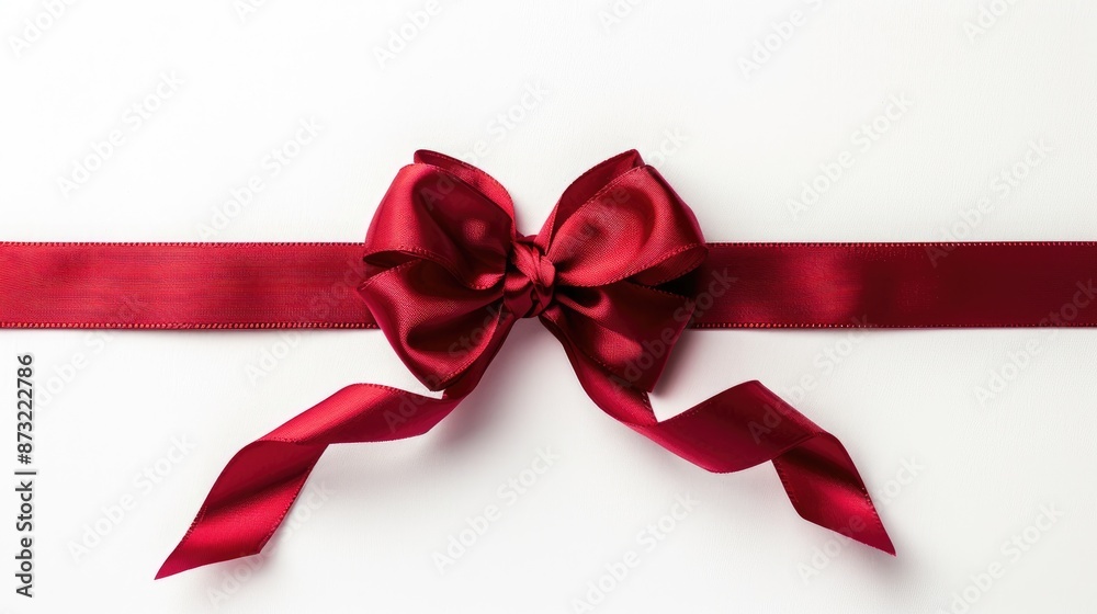 Single red satin gift bow with ribbon on white background Single red satin gift bow with ribbon on white background