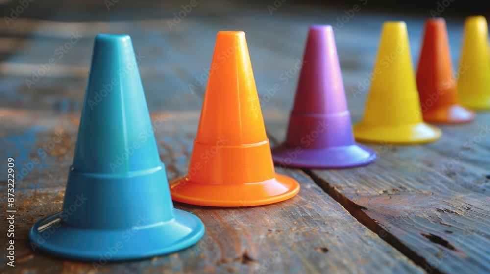 Mini plastic safety cones in various colors on wooden surface out of focus with natural light Symbolizes ongoing work Plenty of space for copy Mini plastic safety cones in various colors on wooden surface out of focus with natural light Symbolizes ongoing work Plenty of space for copy