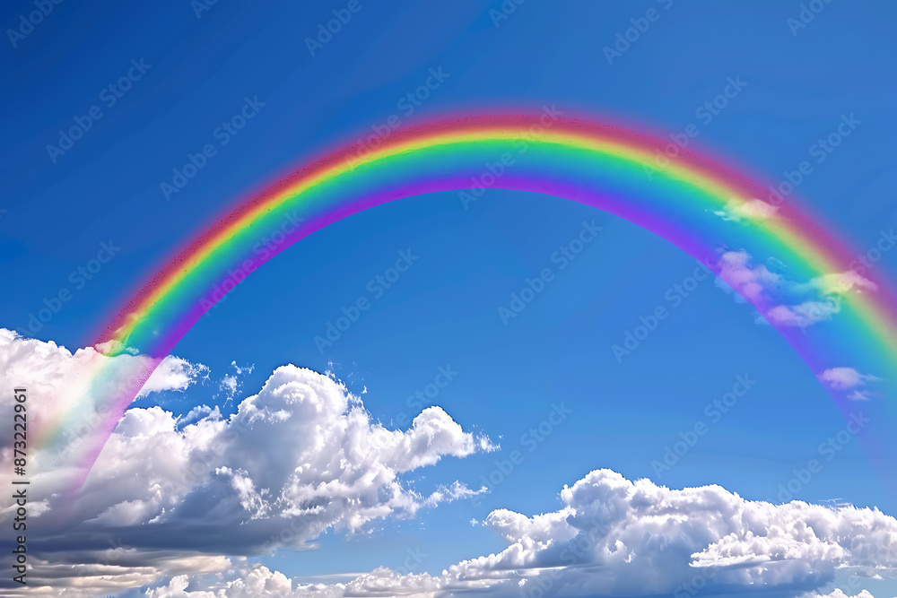 Vivid rainbow arching across the sky, showcasing a full spectrum of colors against a backdrop of clouds, symbolizing beauty and wonder in nature