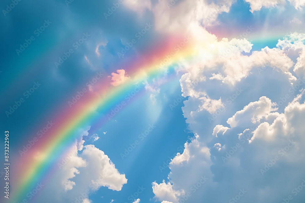 Vivid rainbow arching across the sky, showcasing a full spectrum of colors against a backdrop of clouds, symbolizing beauty and wonder in nature Vivid rainbow arching across the sky, showcasing a full spectrum of colors against a backdrop of clouds, symbolizing beauty and wonder in nature