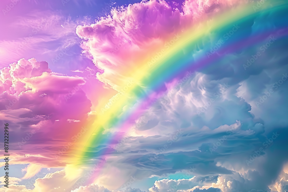 Vivid rainbow arching across the sky, showcasing a full spectrum of colors against a backdrop of clouds, symbolizing beauty and wonder in nature Vivid rainbow arching across the sky, showcasing a full spectrum of colors against a backdrop of clouds, symbolizing beauty and wonder in nature