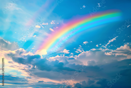 Vivid rainbow arching across the sky, showcasing a full spectrum of colors against a backdrop of clouds, symbolizing beauty and wonder in nature