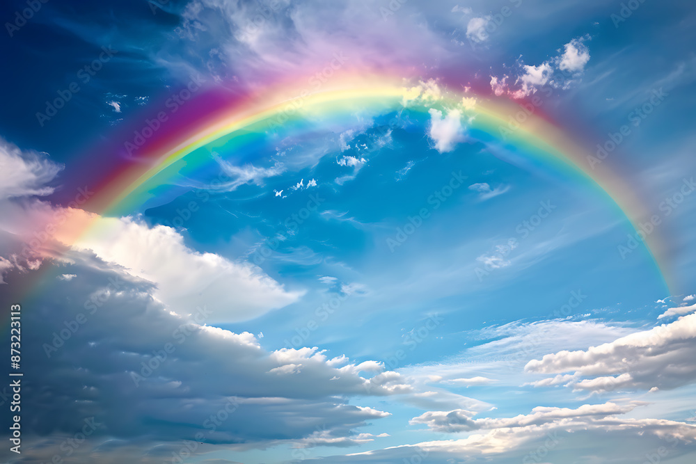 Vivid rainbow arching across the sky, showcasing a full spectrum of colors against a backdrop of clouds, symbolizing beauty and wonder in nature