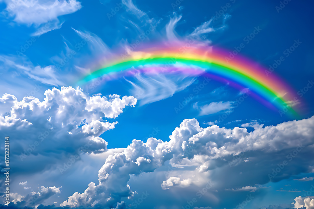 Vivid rainbow arching across the sky, showcasing a full spectrum of colors against a backdrop of clouds, symbolizing beauty and wonder in nature Vivid rainbow arching across the sky, showcasing a full spectrum of colors against a backdrop of clouds, symbolizing beauty and wonder in nature