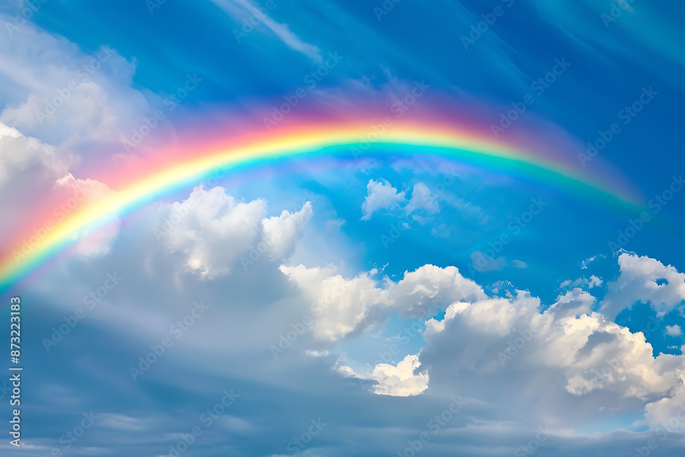 Vivid rainbow arching across the sky, showcasing a full spectrum of colors against a backdrop of clouds, symbolizing beauty and wonder in nature Vivid rainbow arching across the sky, showcasing a full spectrum of colors against a backdrop of clouds, symbolizing beauty and wonder in nature