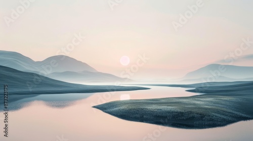 Serene Sunrise, Minimalist Landscape with Gentle Hills and Tranquil River