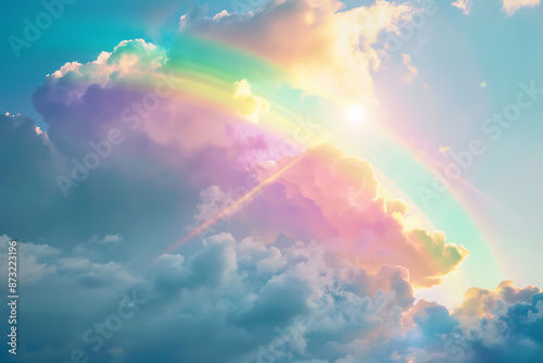 Vivid rainbow arching across the sky, showcasing a full spectrum of colors against a backdrop of clouds, symbolizing beauty and wonder in nature © River Girl