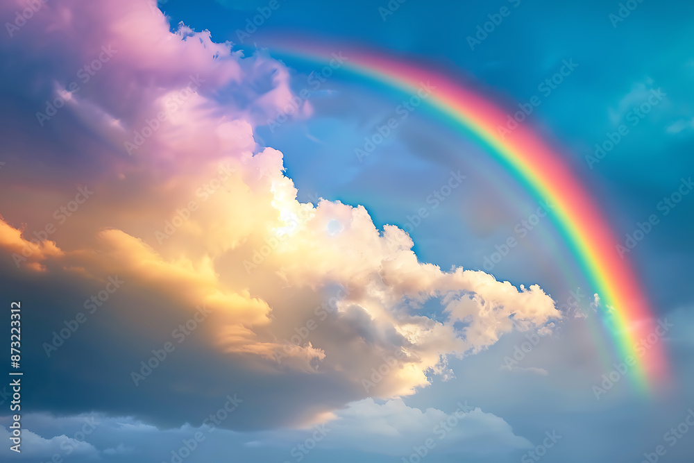 Vivid rainbow arching across the sky, showcasing a full spectrum of colors against a backdrop of clouds, symbolizing beauty and wonder in nature Vivid rainbow arching across the sky, showcasing a full spectrum of colors against a backdrop of clouds, symbolizing beauty and wonder in nature
