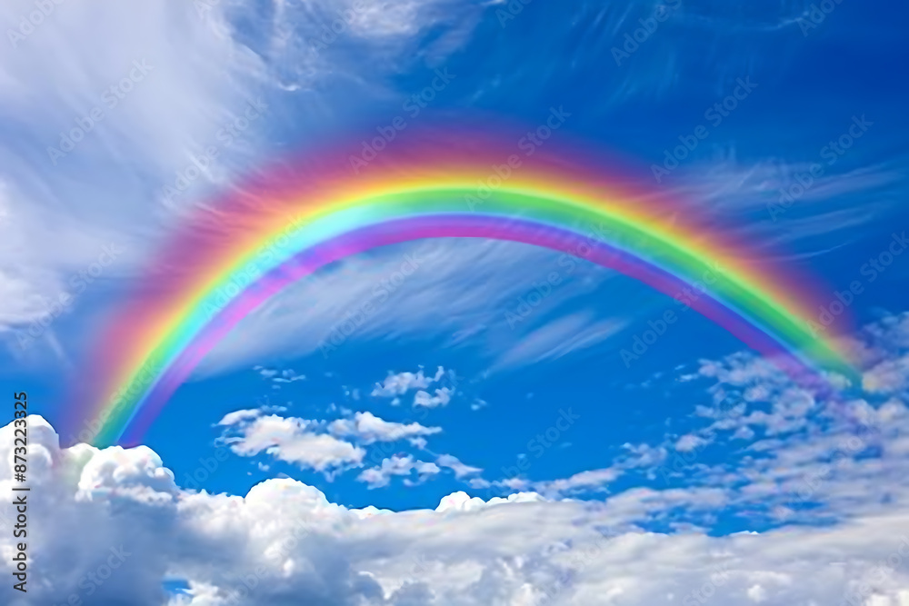 Vivid rainbow arching across the sky, showcasing a full spectrum of colors against a backdrop of clouds, symbolizing beauty and wonder in nature Vivid rainbow arching across the sky, showcasing a full spectrum of colors against a backdrop of clouds, symbolizing beauty and wonder in nature