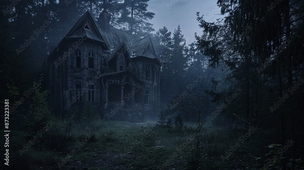 A dark abandoned mansion in the woods at night A dark abandoned mansion in the woods at night