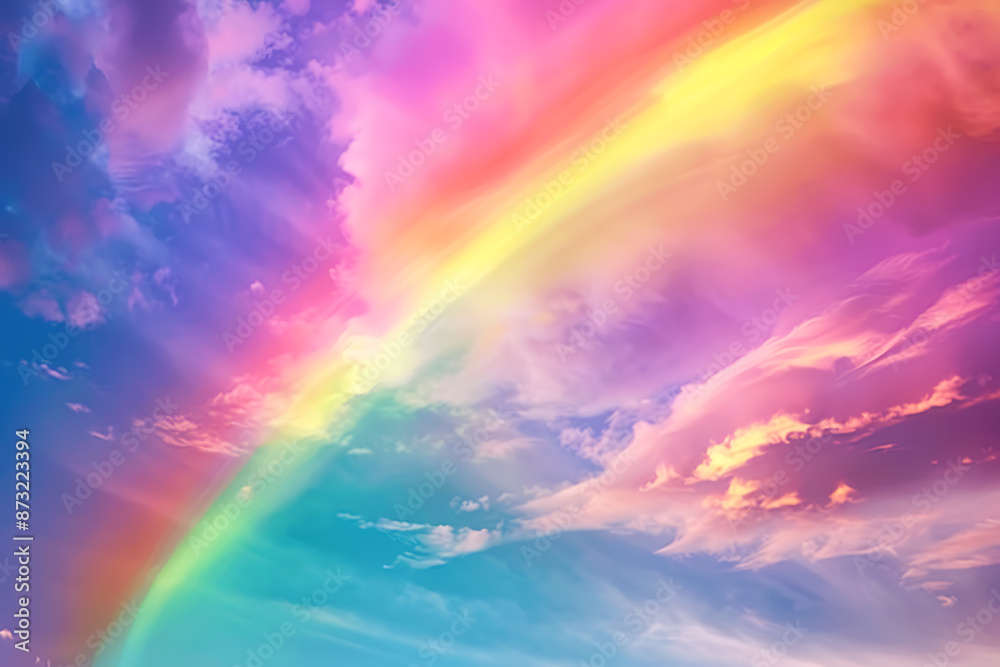 Vivid rainbow arching across the sky, showcasing a full spectrum of colors against a backdrop of clouds, symbolizing beauty and wonder in nature Vivid rainbow arching across the sky, showcasing a full spectrum of colors against a backdrop of clouds, symbolizing beauty and wonder in nature
