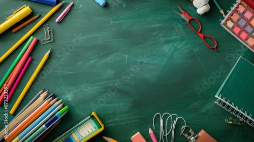 School supply on green chalkboard copy space background