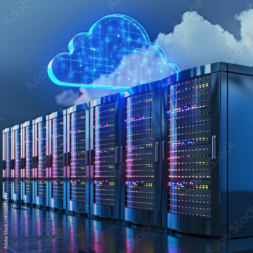 Futuristic Data Center with Vibrant Digital Clouds and Glowing Circuits, Featuring High-Tech Cloud Storage, Computer Networks, Metaverse Connectivity, and a Cutting-Edge AI-Generated Background