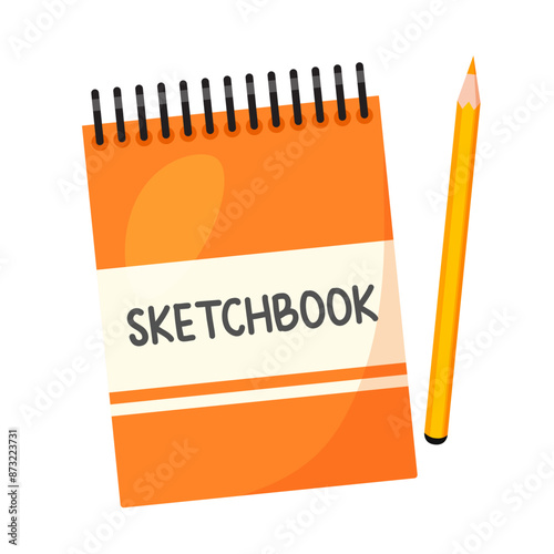 Artistic sketchbook with colorful pencil isolated on white background.
